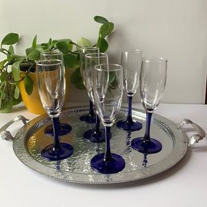 7 cobalt blue glass champagne glasses / flutes